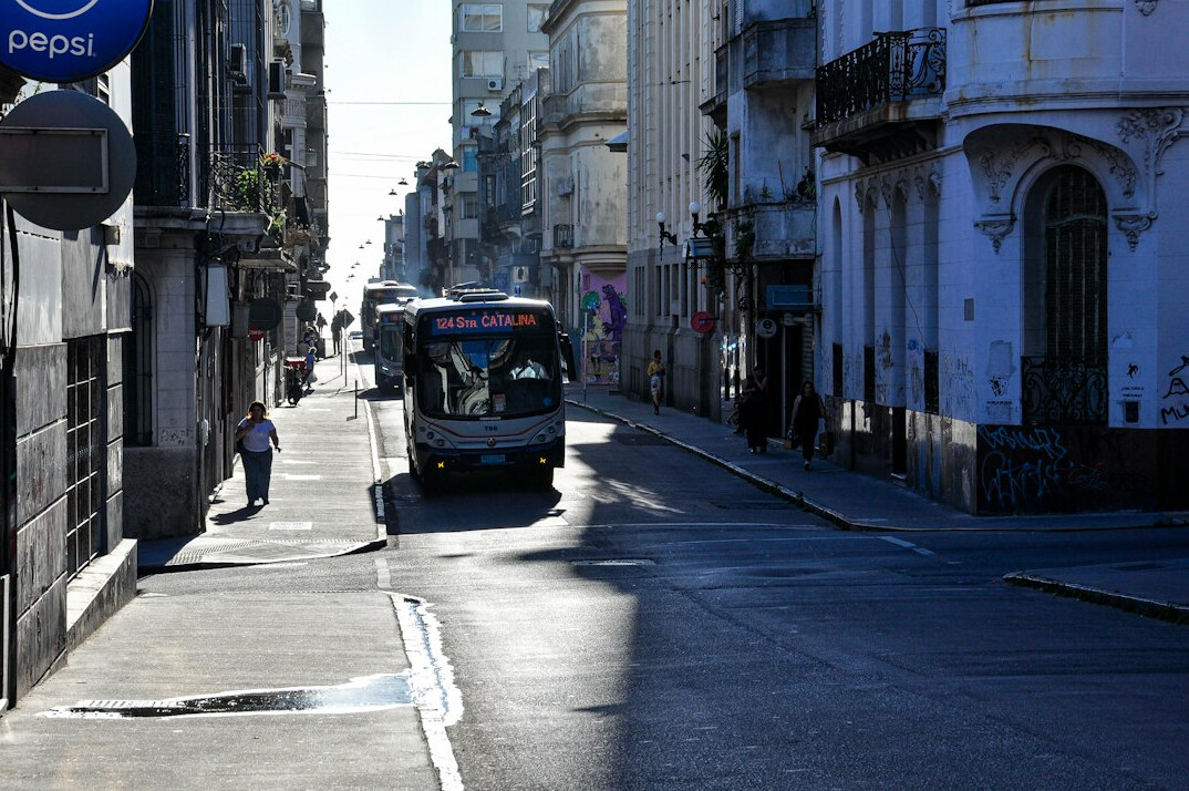 Misty cobblestone street in Ciudad Vieja, Montevideo at dusk with old colonial buildings